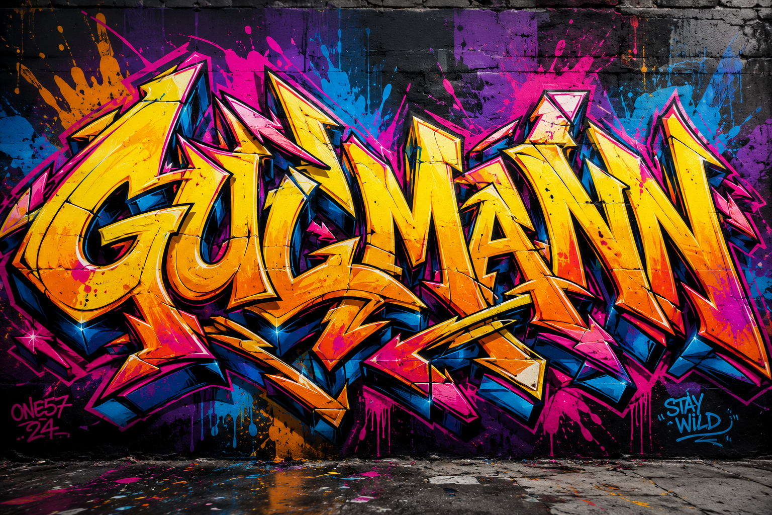 Colorful graffiti mural spelling GULMANN on a dark brick wall